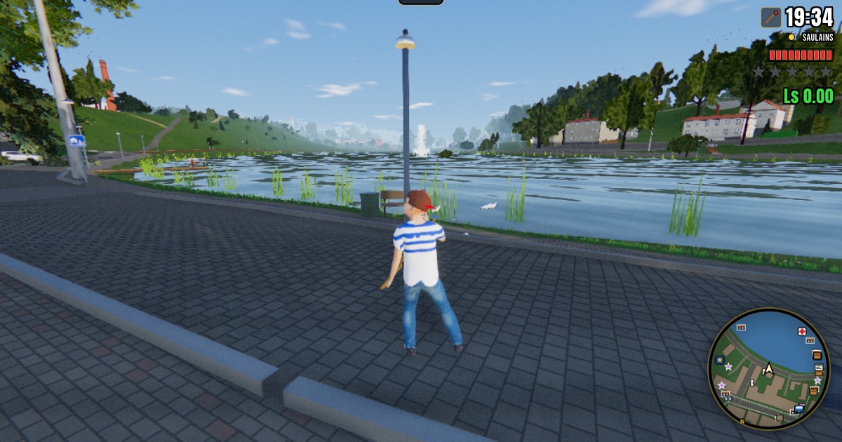 Hometown Havoc in-game screenshot: a character on a lakeside promenade in Talsi